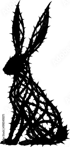 Black Silhouette of a Hare Made of Thorny Brambles and Prickly Branches Graphic Vector Illustration
