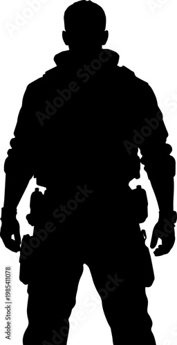 Black Silhouette of a Soldier in Full Tactical Gear Standing on White Background
