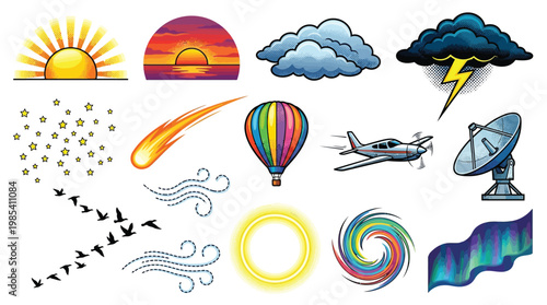 A vibrant collection of weather phenomena, celestial bodies, and modes of transportation, including sunrises, storms, hot air balloons, and airplanes.