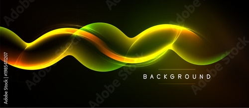 Abstract waves, vibrant colors, dynamic flow. Dark background emphasizes luminous curves, creating modern visual impact.
