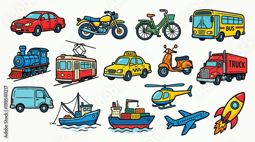 A vibrant collection of various modes of transportation, including cars, motorcycles, trains, buses, boats, and aircraft, all depicted in a playful, cartoonish style.