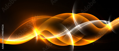 Bright orange waves flow across dark background. Light streaks create dynamic, abstract visual effect. Smooth curves suggest energy, motion.