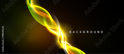 Bright yellow, orange lines curve against dark background. Abstract design evokes energy, motion, light effects. Minimalist style.