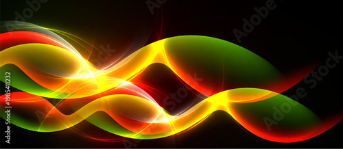 Abstract colorful waves flow across black background. Bright red, yellow, green hues create dynamic visual effect. Smooth curves suggest movement.