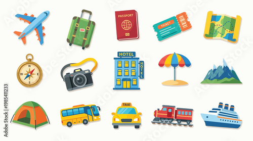 A vibrant collection of travel-themed icons, including an airplane, suitcase, passport, tickets, map, compass, camera, hotel, umbrella, mountains, tent, bus, taxi, train, and cruise ship.
