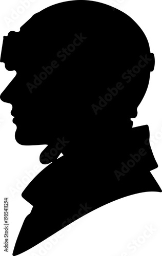 Black Silhouette Profile of a Soldier Wearing a Helmet and Military Uniform Jacket Isolated on White Background