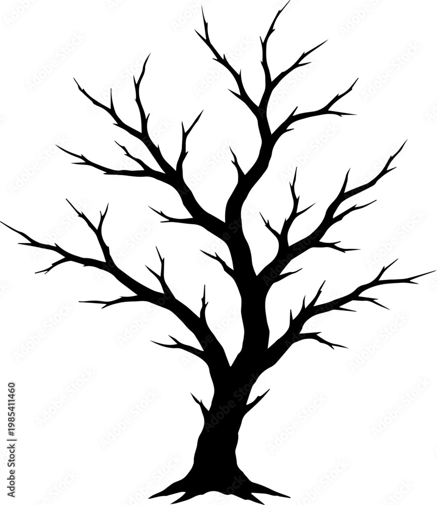 Fototapeta premium Silhouette of a Bare Dead Tree with Detailed Branches Isolated on White Background Vector Illustration for Winter or Halloween Design
