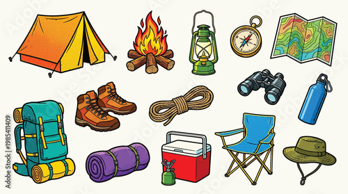 A vibrant collection of camping and outdoor adventure gear, including a tent, campfire, lantern, compass, map, binoculars, backpack, boots, sleeping bag, rope, cooler, chair, and hat.