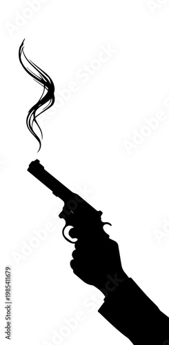 Black Silhouette of Hand Holding a Smoking Revolver Gun Isolated on White Background
