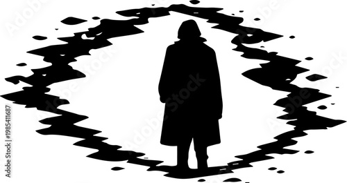 Mysterious Man Silhouette Wearing Long Coat Standing Within Abstract Grunge Frame Vector Illustration