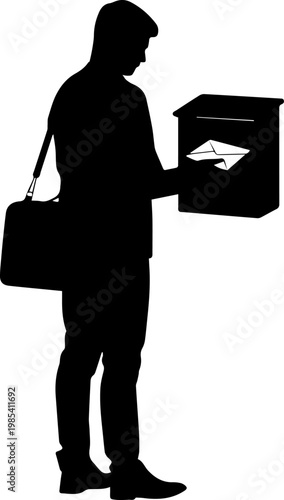 Silhouette of a man with a shoulder bag inserting an envelope into a mailbox