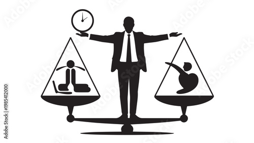 Work Life Balance Silhouette Businessman Weighing Clock on Scales for Time Management Concept