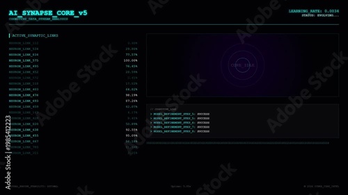 AI Synapse Core Neural Network Interface with Cognitive Data Stream Analysis and Active Synaptic Link Progress Tracking Screen.