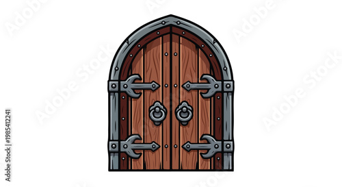 Illustration of a wooden door with metal hinges and handles on a white background.