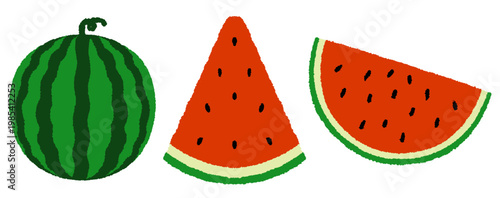 Fresh ripe watermelon clip art set. Tropical summer fruit hand drawing in whole, slice, and cut elements vector illustration.