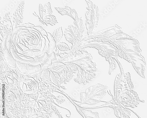 Embossed line drawing of flowers and butterflies.