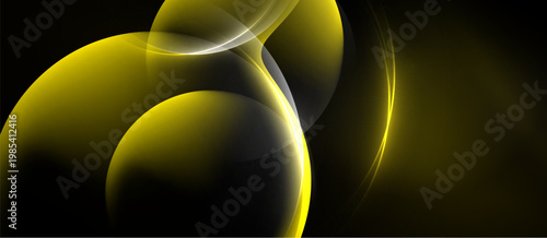 Abstract golden shapes float against dark background. Smooth curves create dynamic, flowing composition. Light highlights add depth.