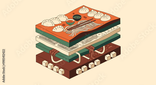 Isometric Cutaway Vector Illustration of Asian Food Layers with Noodles, Dim Sum, and Tofu