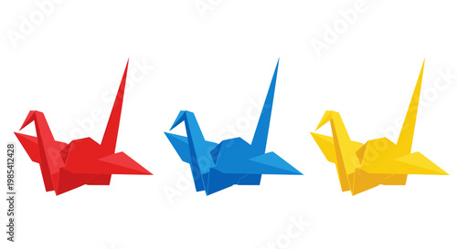 Vibrant trio of folded origami cranes in red, blue, and yellow hues, symmetrically arranged against a white background, showcasing intricate paper artistry