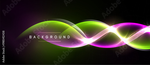 Abstract neon waves, vibrant colors, dark background. Smooth curves create dynamic visual effect, modern design element.