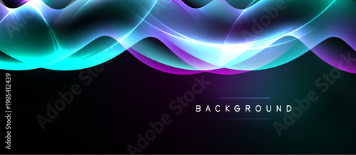 Abstract waves, vibrant colors, dark background. Dynamic light effects create modern visual experience. Smooth gradients, flowing shapes.
