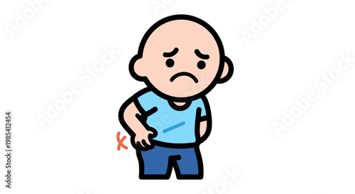 Cartoon illustration of a bald man in a blue shirt and pants clutching his side in kidney pain, with a white background and expressive facial features