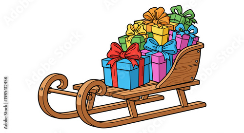 Illustration of a wooden sled stacked with colorful gifts, featuring vibrant bows, on a white background, conveying a festive and cheerful atmosphere
