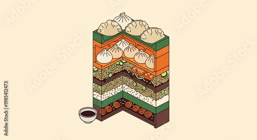 Isometric Cutaway Cross Section Illustration of Asian Food Layers with Dim Sum, Noodles, and Rice