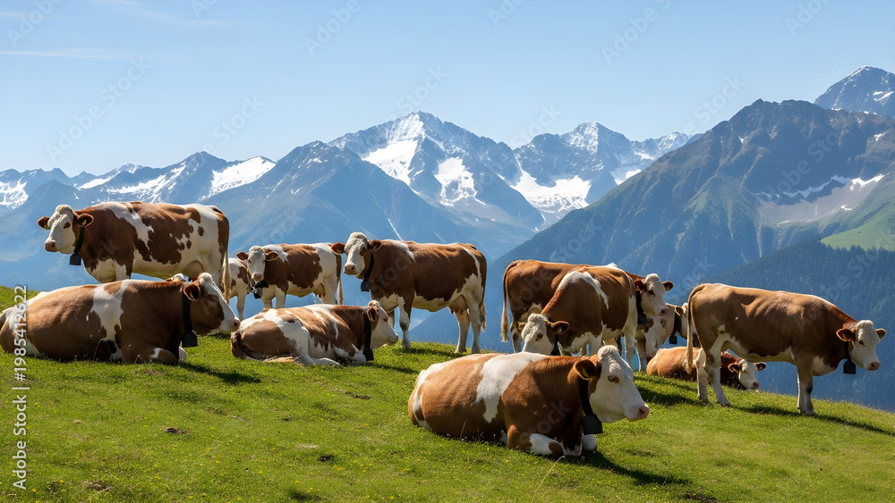 Naklejka premium Cows Resting on a Green Hillside with Snowy Mountains in Background