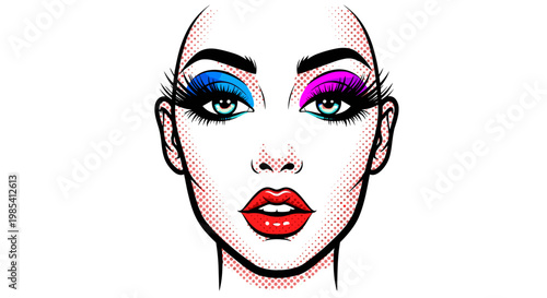 Pop art illustration of a woman with vibrant false eyelashes, bold makeup, and striking red lips on a white background