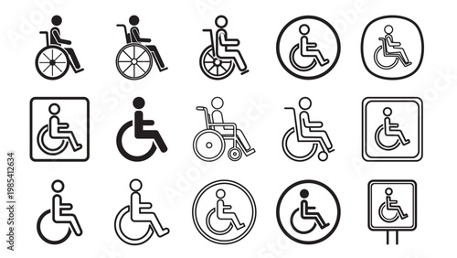 Collection of diverse international accessibility symbols featuring wheelchair users in various graphic styles, including solid, outline, circular, and square designs for disabled access signage.