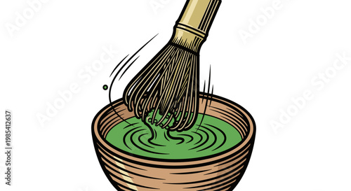 Illustration of matcha tea being whisked in a wooden bowl with a bamboo whisk, showcasing vibrant green hues and dynamic motion on a white background