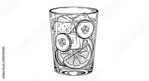 Illustration of a glass filled with detox water featuring slices of lemon and cucumber, black and white line art on a white background
