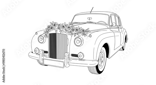 Vintage wedding car illustration with floral decorations on the hood, outlined in black and white, isolated on a plain background