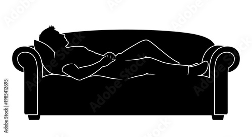 Silhouette of a man sleeping comfortably on a plush couch, with minimalist black and white contrast, creating a relaxing and serene atmosphere