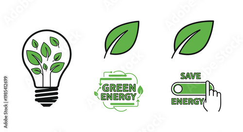 Green energy concepts with leaves and a lightbulb silhouette