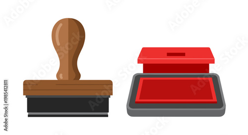 Illustration of a wooden-handled rubber stamp beside a vibrant red ink pad on a white background, stamps