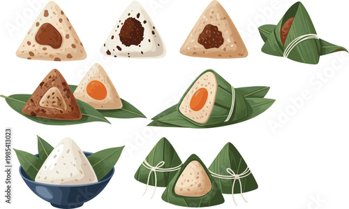 Traditional Asian Rice Dumplings Zongzi Set with Different Fillings Wrapped in Bamboo Leaves for Festival Food Design, Cultural Cuisine Illustration, and Vector Collection