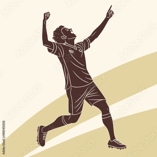 Vintage soccer player silhouette celebrating goal, retro football athlete illustration in brown tones, triumphant sportsman vector for sports media.