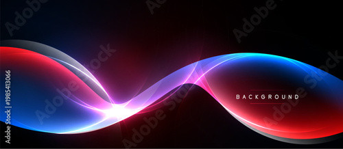 Abstract flowing shapes, vibrant red, blue hues. Dynamic light effects create modern background. Smooth curves suggest energy, movement.