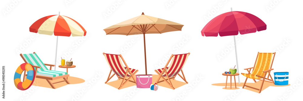 Fototapeta premium Colorful beach chairs with umbrellas and drinks in flat style on white background showing summer relaxation concept. Vector illustration