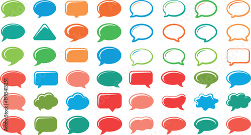 colorful speech bubbles in various shapes and sizes on white background