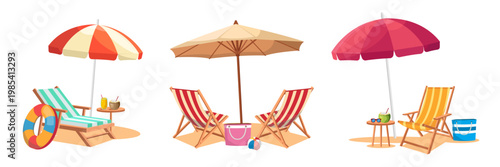 Colorful beach chairs with umbrellas and drinks in flat style on white background showing summer relaxation concept. Vector illustration