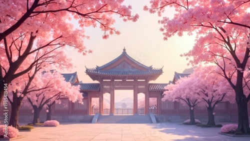Traditional Asian Gate Framed by Cherry Blossom Trees