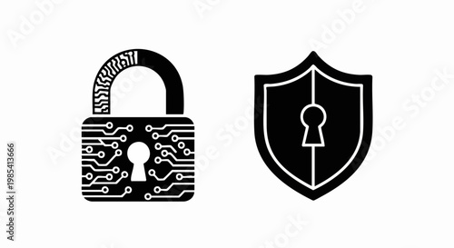 Cybersecurity Shield & Lock: An illustration showcases a stylized shield and lock, representing digital security and protection.