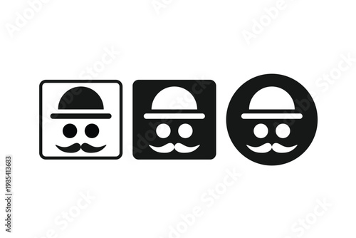 Collection of three simple cartoon gentleman face icons with hats and mustaches in different shapes isolated on transparent background