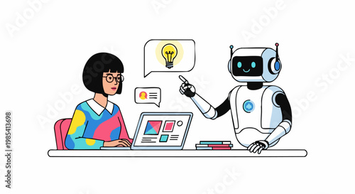 AI and Innovation: A digital illustration depicts a woman and a friendly robot engaged in creative collaboration, the robot pointing towards a lightbulb.