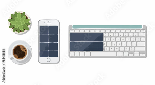 Digital Workspace Essentials: An overhead view showcases a modern workspace layout, comprising a succulent, a smartphone, a keyboard, and a cup of coffee.