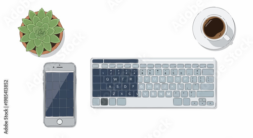 Workspace Composition: A minimalist workspace showcases a modern keyboard, smartphone, a potted succulent, and a coffee cup, illustrating the convergence of work and leisure.