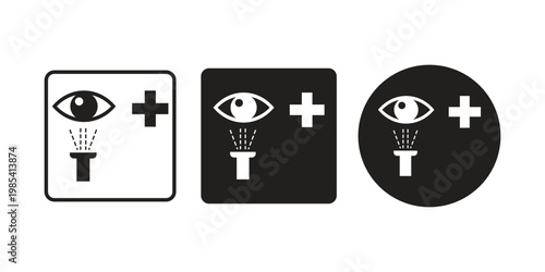 Set of three graphic icons representing eye wash station safety symbol for emergency preparedness